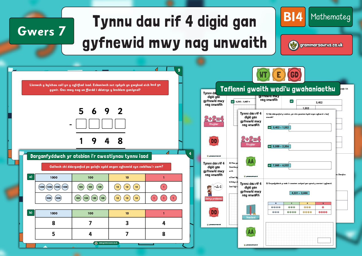 Blwyddyn 4 - Tynnu dau rif 4 digid gan gyfnewid mwy nag unwaith - Gwers ...