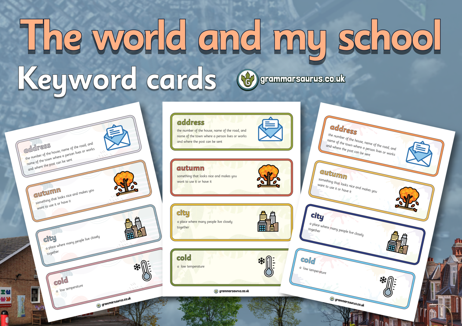 Year 1 Geography – The World and My School – Keyword cards - Grammarsaurus