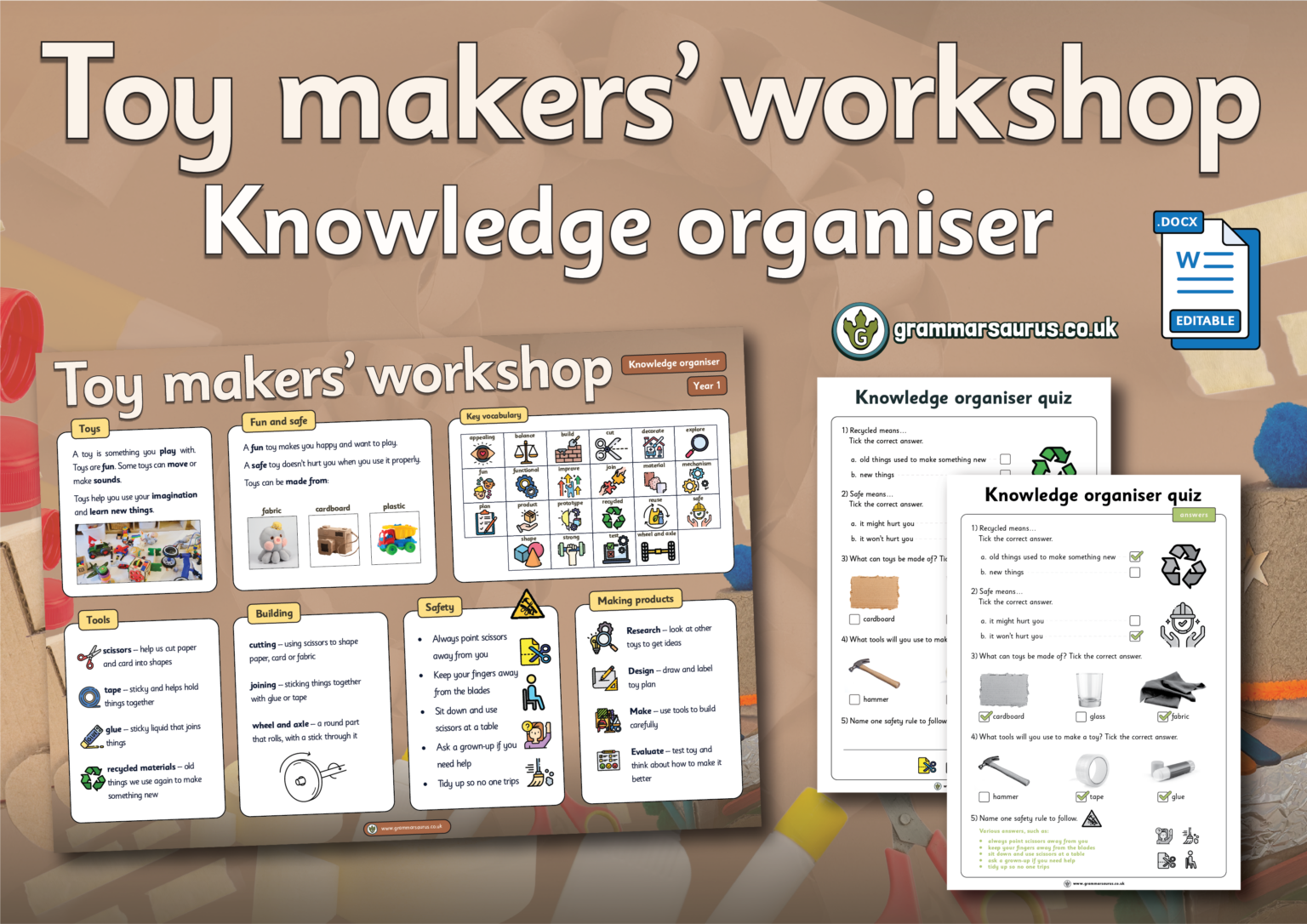 Year 1 - Toy makers' workshop - Knowledge organiser - Grammarsaurus
