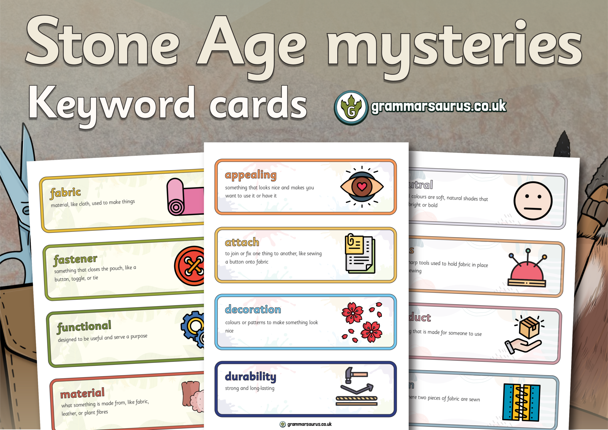 Year 3 - Textiles - Stone Age mysteries - Keyword cards - Grammarsaurus