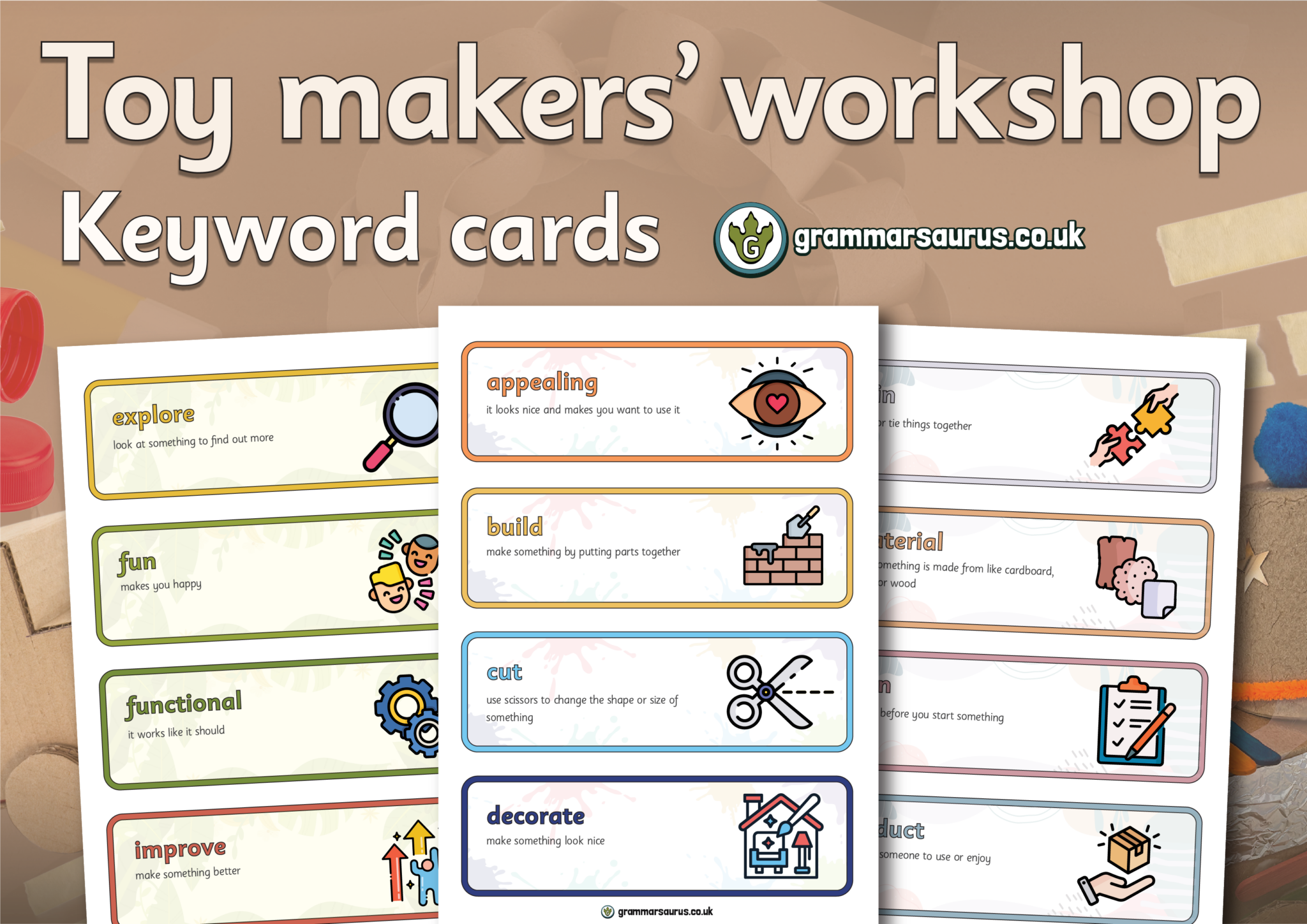 Year 1 - Toy makers' workshop - Keyword cards - Grammarsaurus