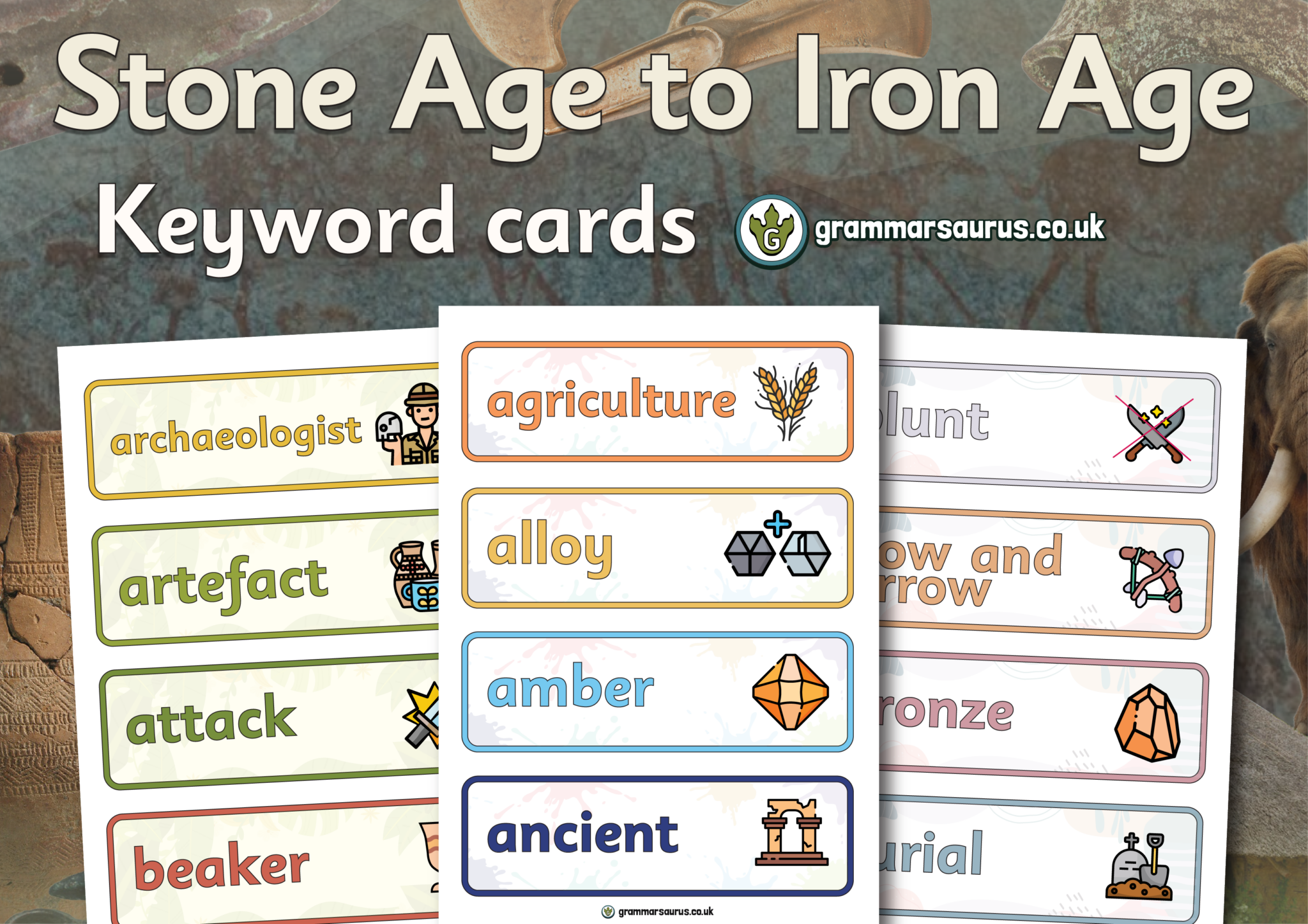 Year 3 History - Stone age to Iron age - Keyword cards - Grammarsaurus